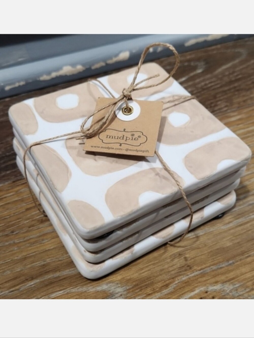 NWT Mud Pie 4 Square Terracotta Coasters White Sand